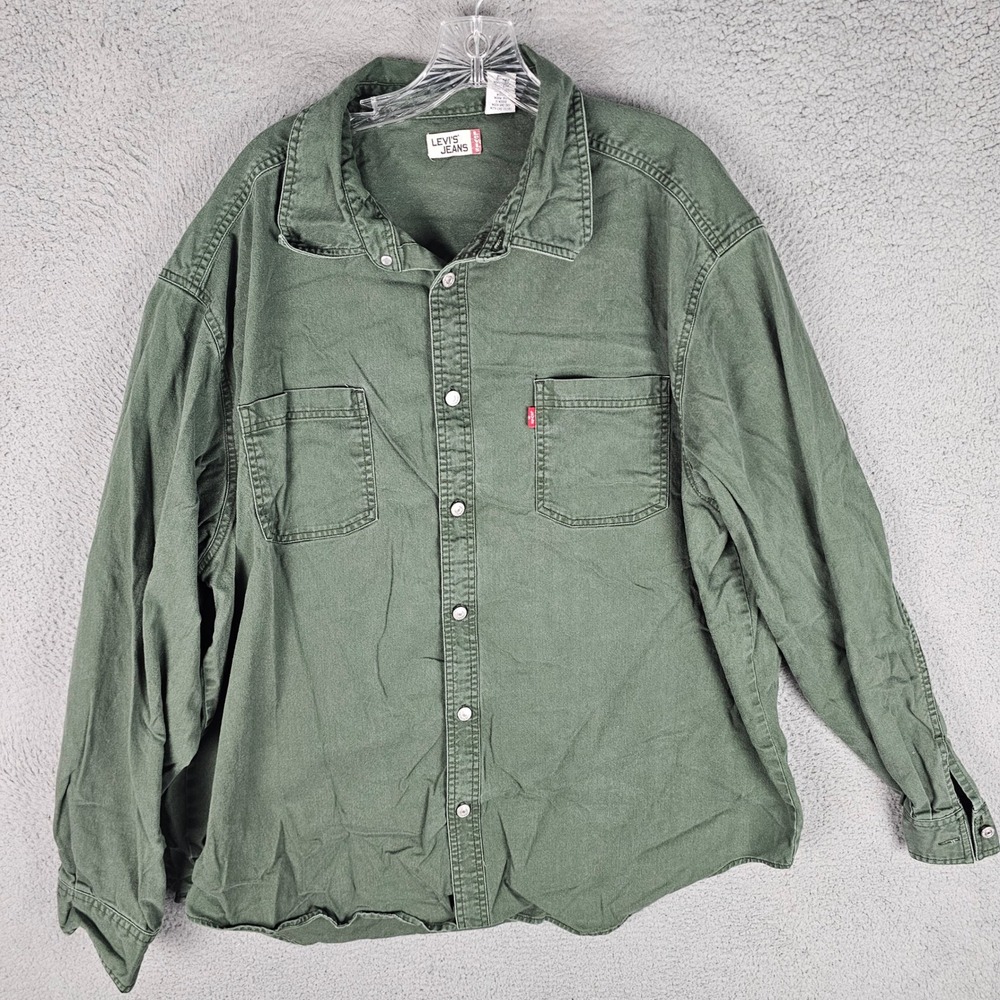Levi's Button Down Men XXL Green Long Sleeve Twill Work Shirt Dual Pocket Y2K